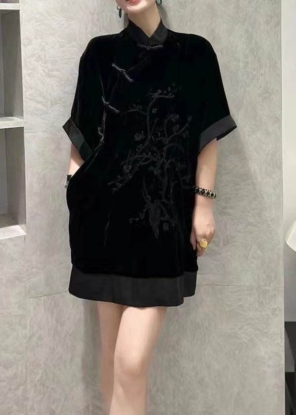 Chinese Style Black Embroidered Patchwork Silk Velour Dress Summer