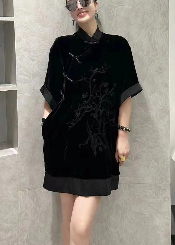 Chinese Style Black Embroidered Patchwork Silk Velour Dress Summer