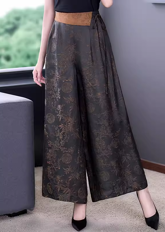 Chinese Style Black Lace Up Elastic Waist Silk Wide Leg Pants Summer