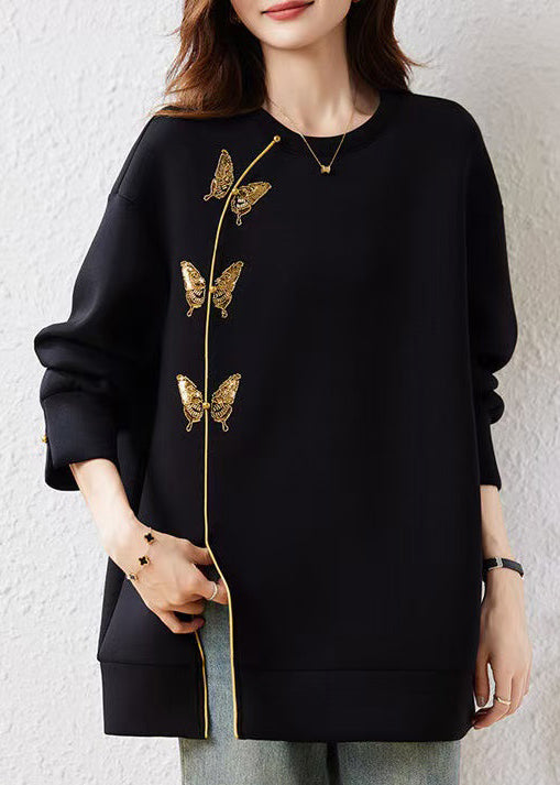 Chinese Style Black O Neck Butterfly Decorated Cotton Sweatshirts Spring