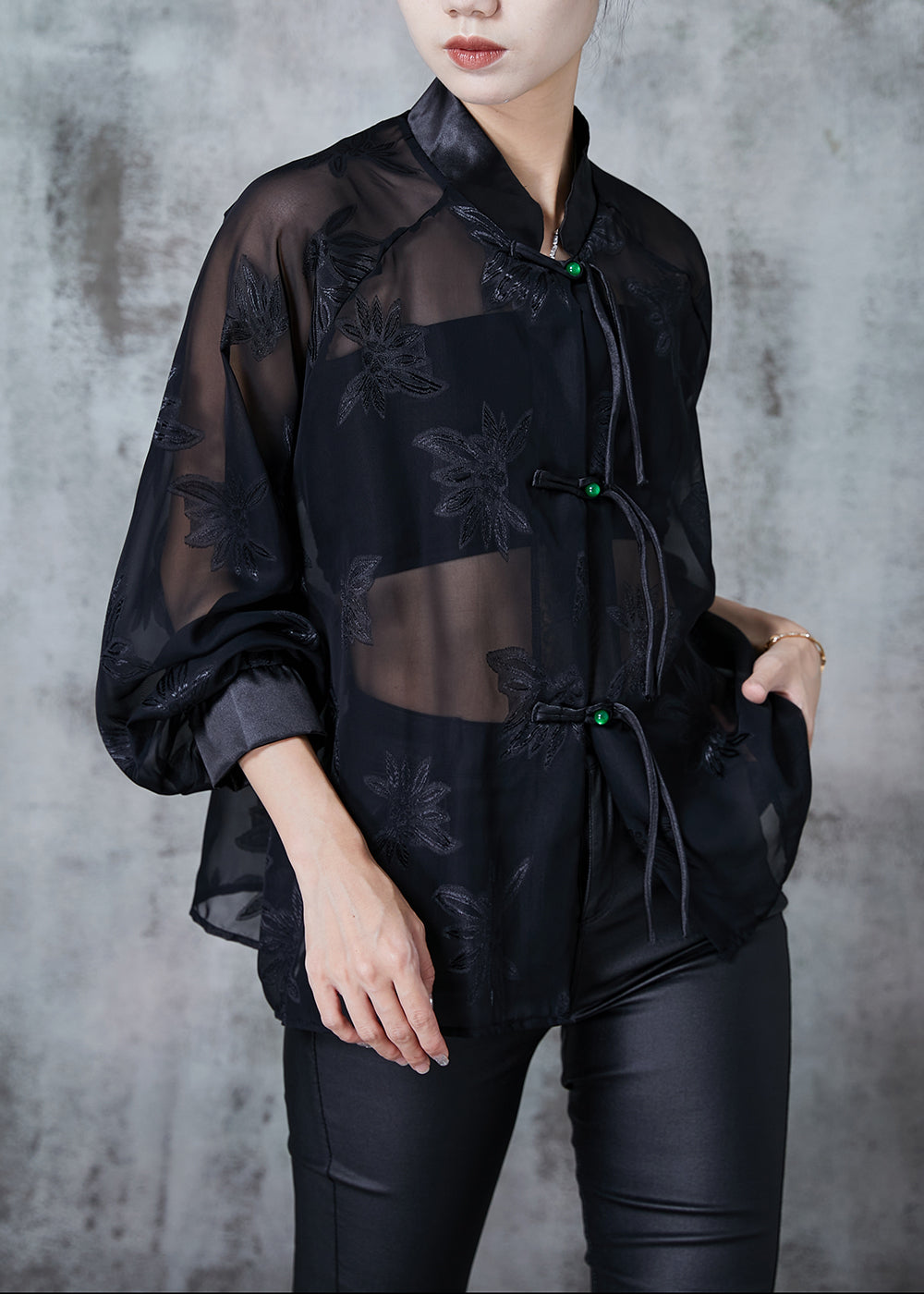 Chinese Style Black Tasseled Jacquard Chiffon Blouse Tops Summer