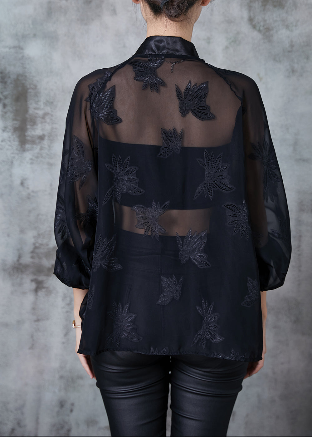 Chinese Style Black Tasseled Jacquard Chiffon Blouse Tops Summer