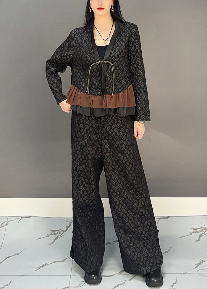 Chinese Style Black V Neck Button Top And Wide Leg Pants Two Pieces Set Spring