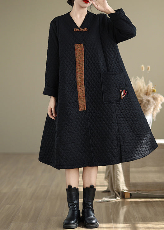 Chinese Style Black V Neck Pockets Fine Cotton Filled Winter Coats