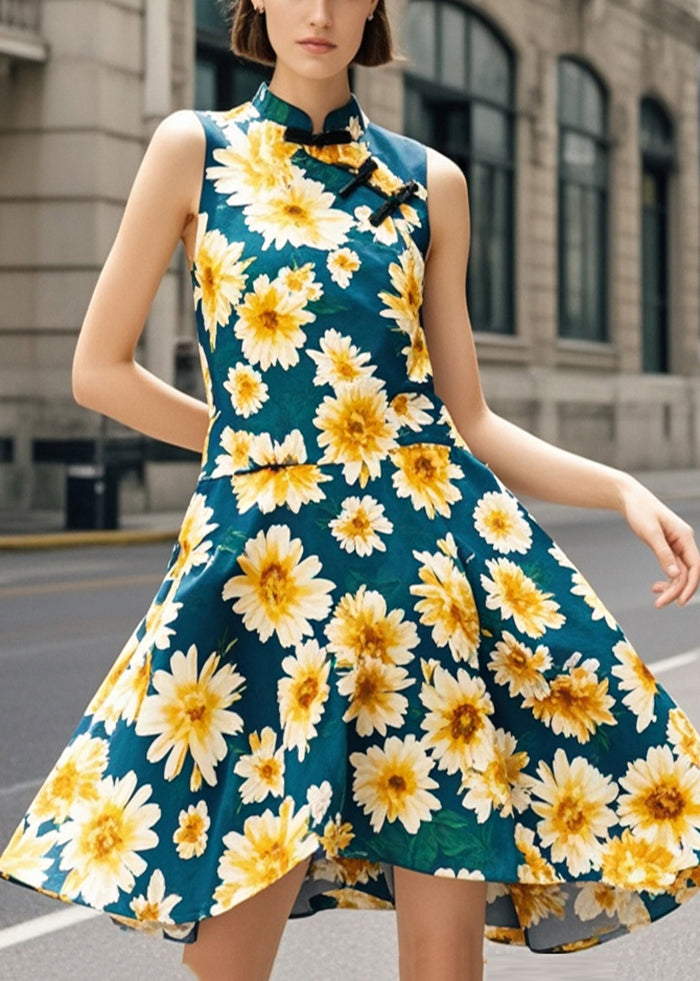 Chinese Style Blackish Green Chrysanthemum Print Silm Fit Dress Summer