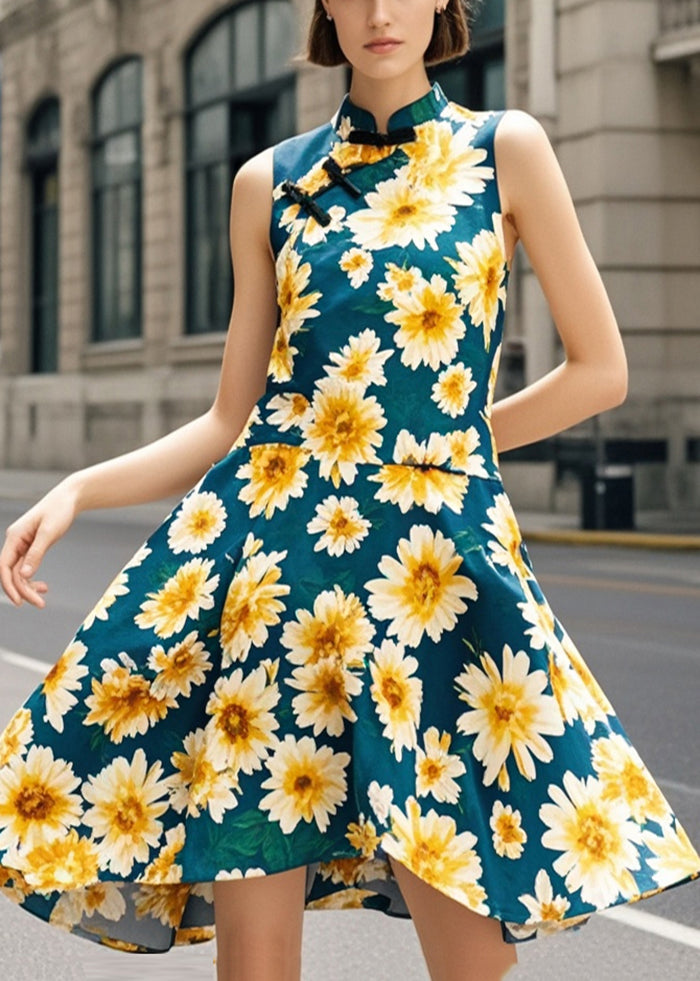 Chinese Style Blackish Green Chrysanthemum Print Silm Fit Dress Summer