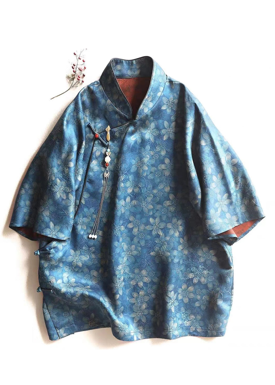 Chinese Style Blue Print Button Silk Blouses Bracelet Sleeve