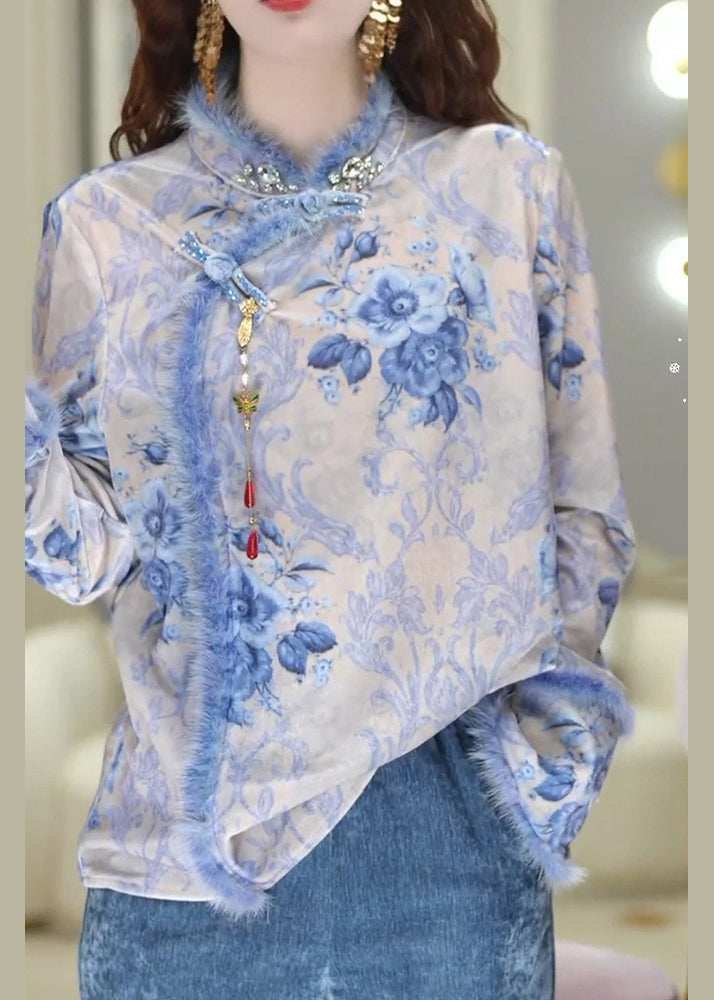 Chinese Style Blue Print Oriental Button Patchwork Silk Top Spring