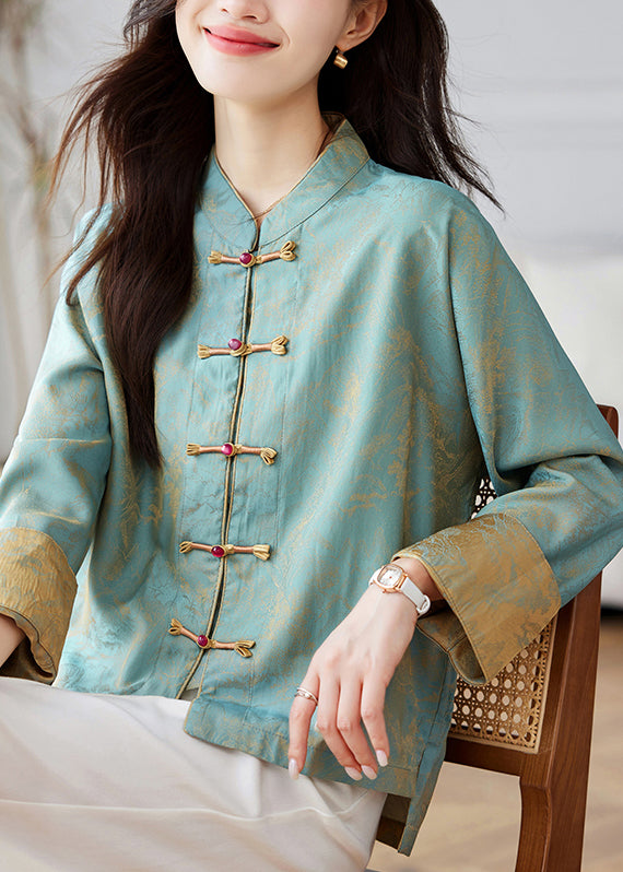 Chinese Style Blue Stand Collar Print Silk Coats Spring