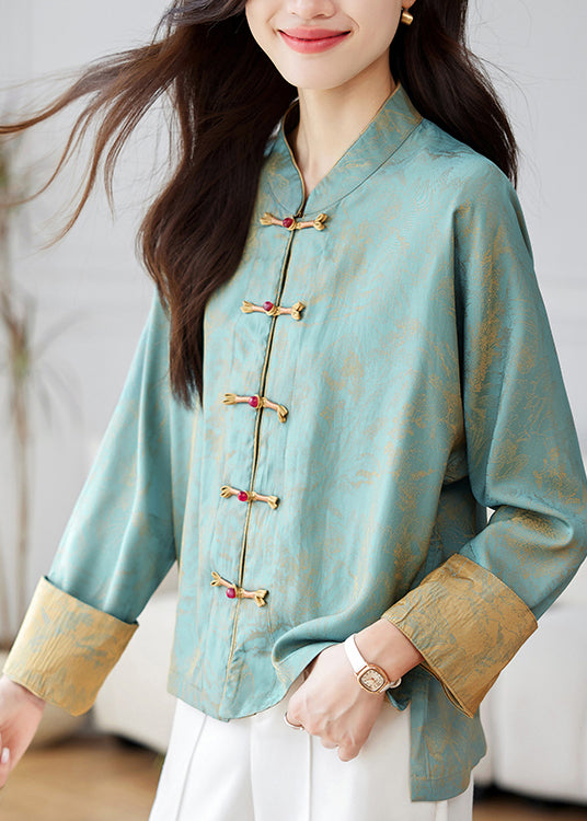 Chinese Style Blue Stand Collar Print Silk Coats Spring