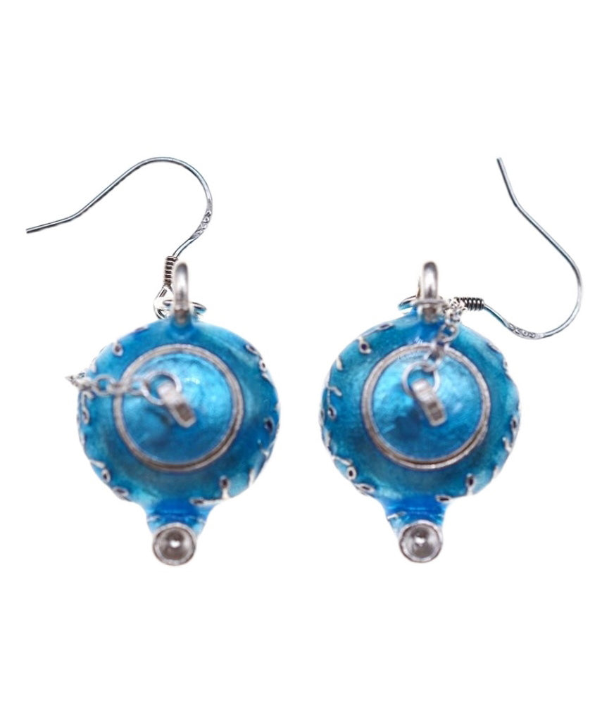 Chinese Style Blue Sterling Silver Cloisonne Plum Blossom Teapot Hoop Earrings