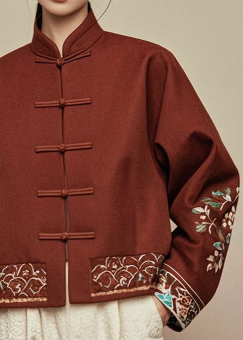 Chinese Style Brown Button Print Silk Coats Fall