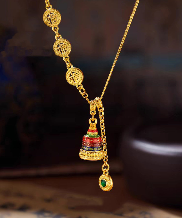 Chinese Style Gold Ancient Gold Crystal Enamel Lariat Necklace