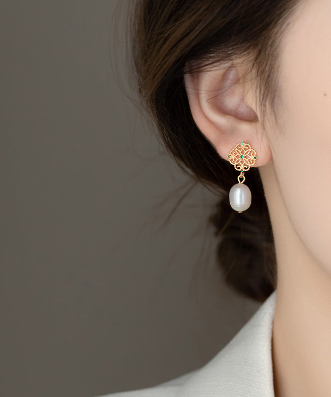 Chinese Style Gold Asymmetr Copper Alloy Zircon Pearl Hollow Out Stud Earrings