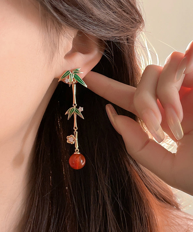 Chinese Style Gold Sterling Silver Overgild Agate Bamboo Joint Tassel Drop Earrings