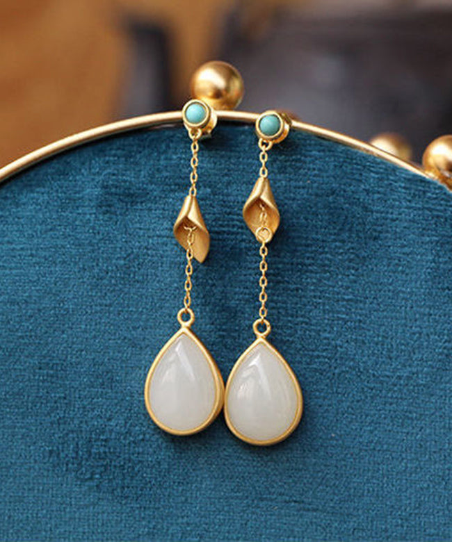 Chinese Style Gold Sterling Silver Overgild Turquoise Jade Water Drop Drop Earrings