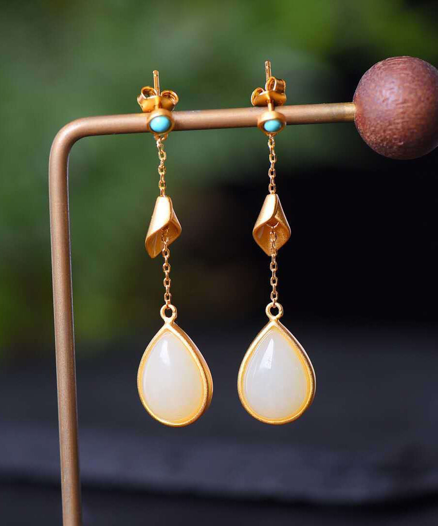 Chinese Style Gold Sterling Silver Overgild Turquoise Jade Water Drop Drop Earrings