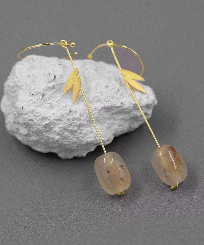 Chinese Style Gold Sterling Silver Overgild Water Drop Bamboo Leaf Drop Earrings