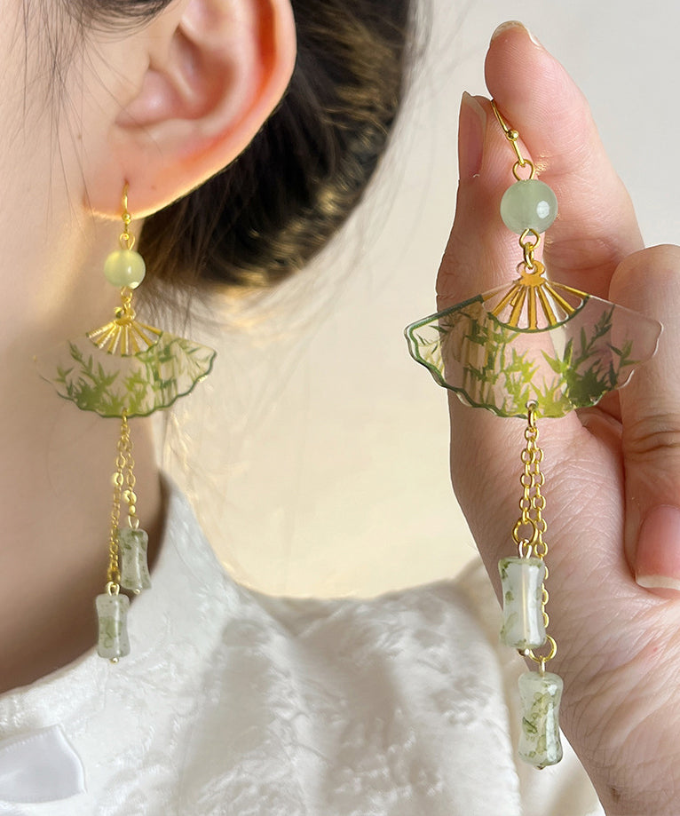 Chinese Style Green Acrylic Alloy Jade Bamboo Fan Tassel Drop Earrings