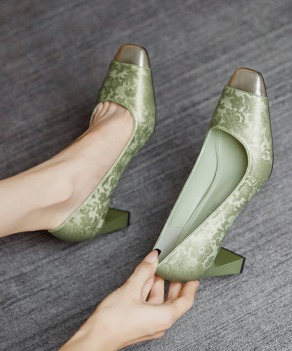 Chinese Style Green Chunky Heel Satin Square Toe