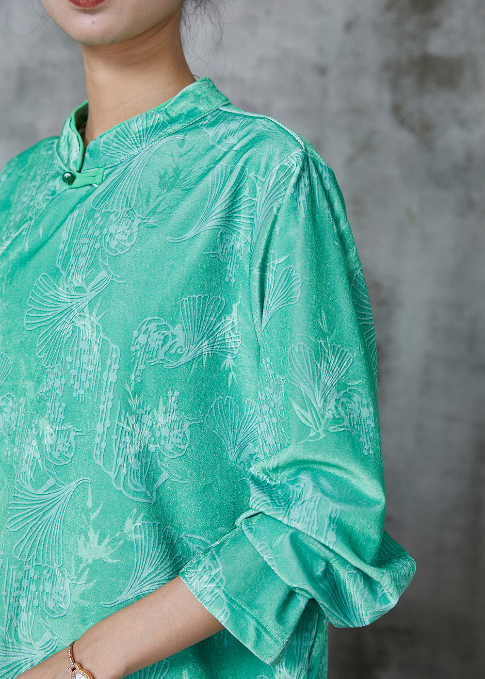 Chinese Style Green Jacquard Silk Shirt Top Spring