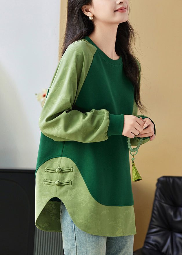 Chinese Style Green O Neck Jacquard Patchwork Cotton Sweatshirts Top Spring