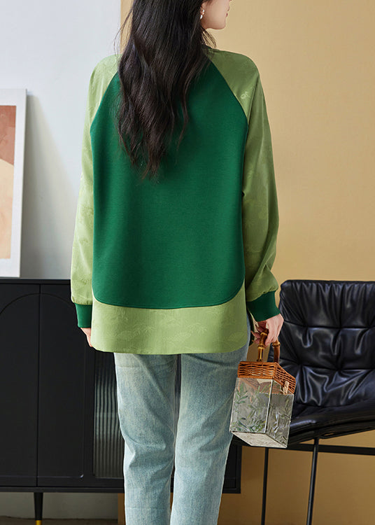 Chinese Style Green O Neck Jacquard Patchwork Cotton Sweatshirts Top Spring