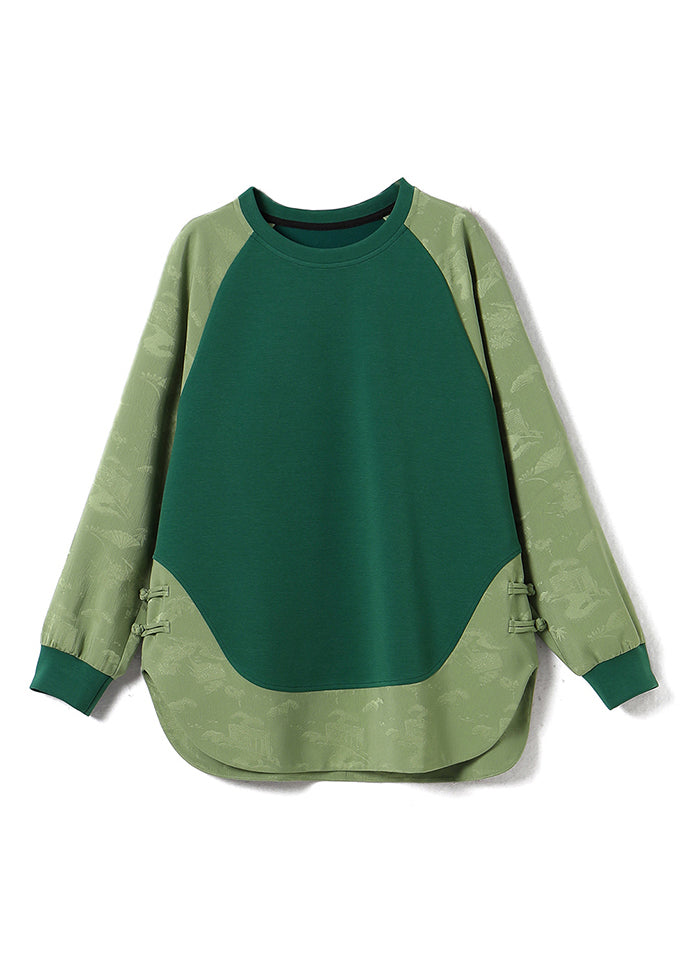 Chinese Style Green O Neck Jacquard Patchwork Cotton Sweatshirts Top Spring