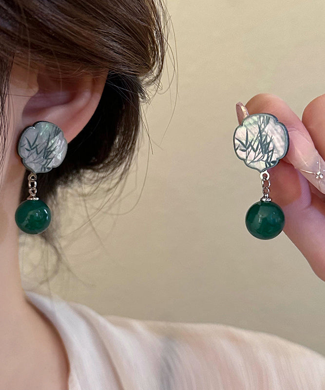 Chinese Style Green Square Sterling Silver Agate Bamboo Leaves Drop Earrings