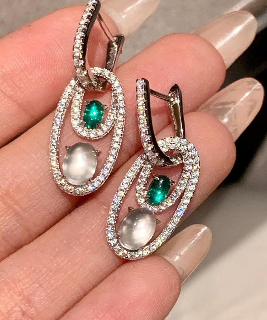 Chinese Style Green Sterling Silver Alloy Zircon Jade Egg Shaped Hoop Earrings