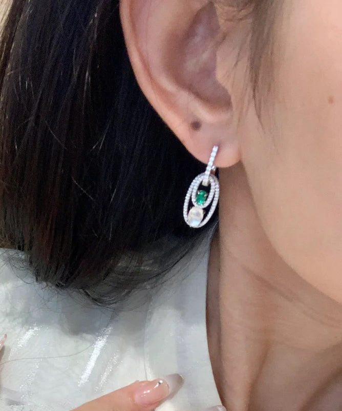 Chinese Style Green Sterling Silver Alloy Zircon Jade Egg Shaped Hoop Earrings