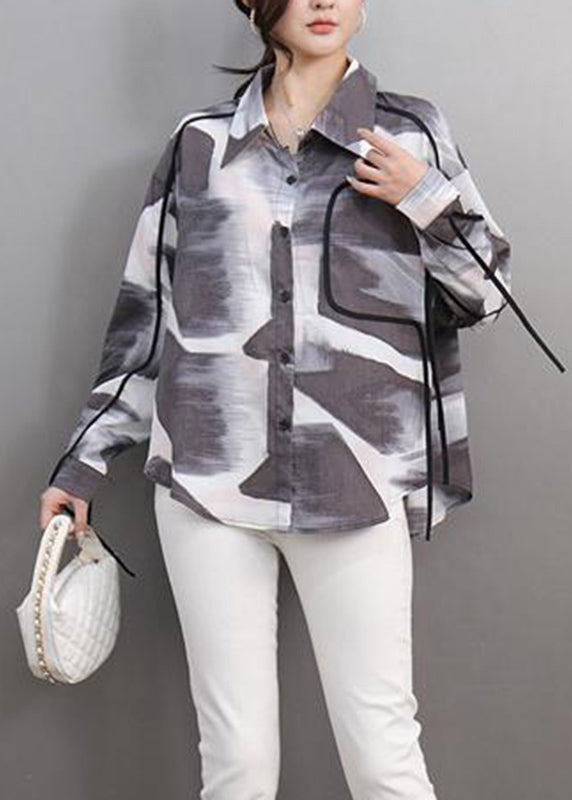 Chinese Style Grey Print Patchwork Button Shirts Spring