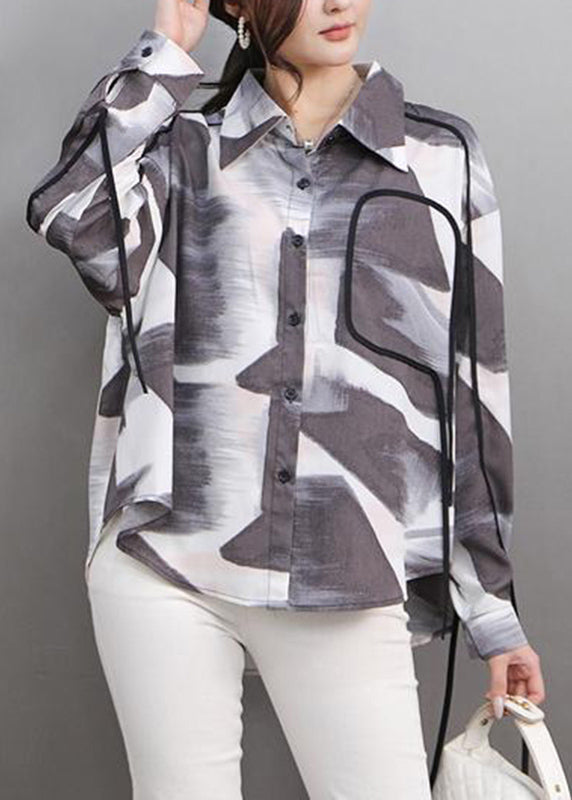 Chinese Style Grey Print Patchwork Button Shirts Spring