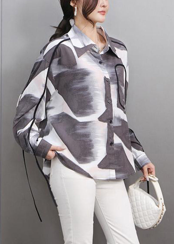 Chinese Style Grey Print Patchwork Button Shirts Spring