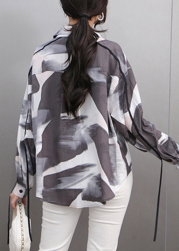 Chinese Style Grey Print Patchwork Button Shirts Spring