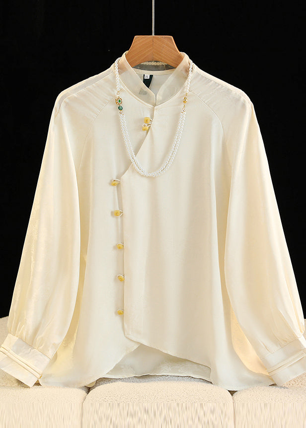 Chinese Style Milk White Draping Silk Blouse Tops Fall