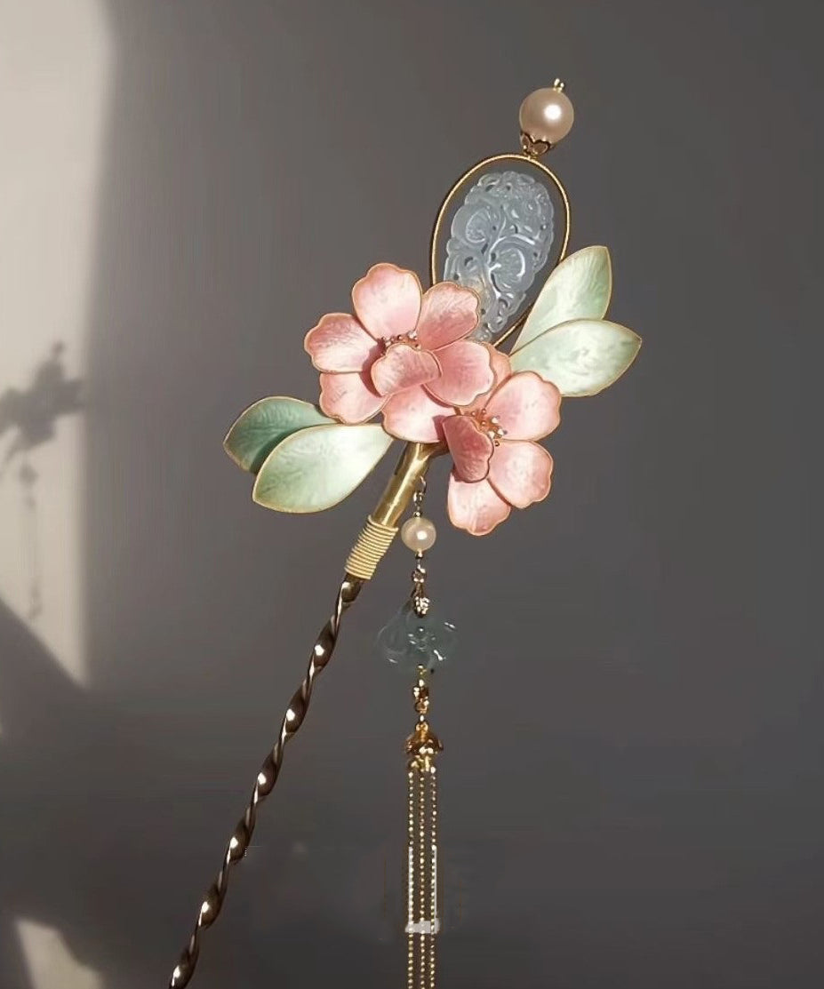 Chinese Style Pink Antique Gold Peony Flower Jade Tassel Hairpin