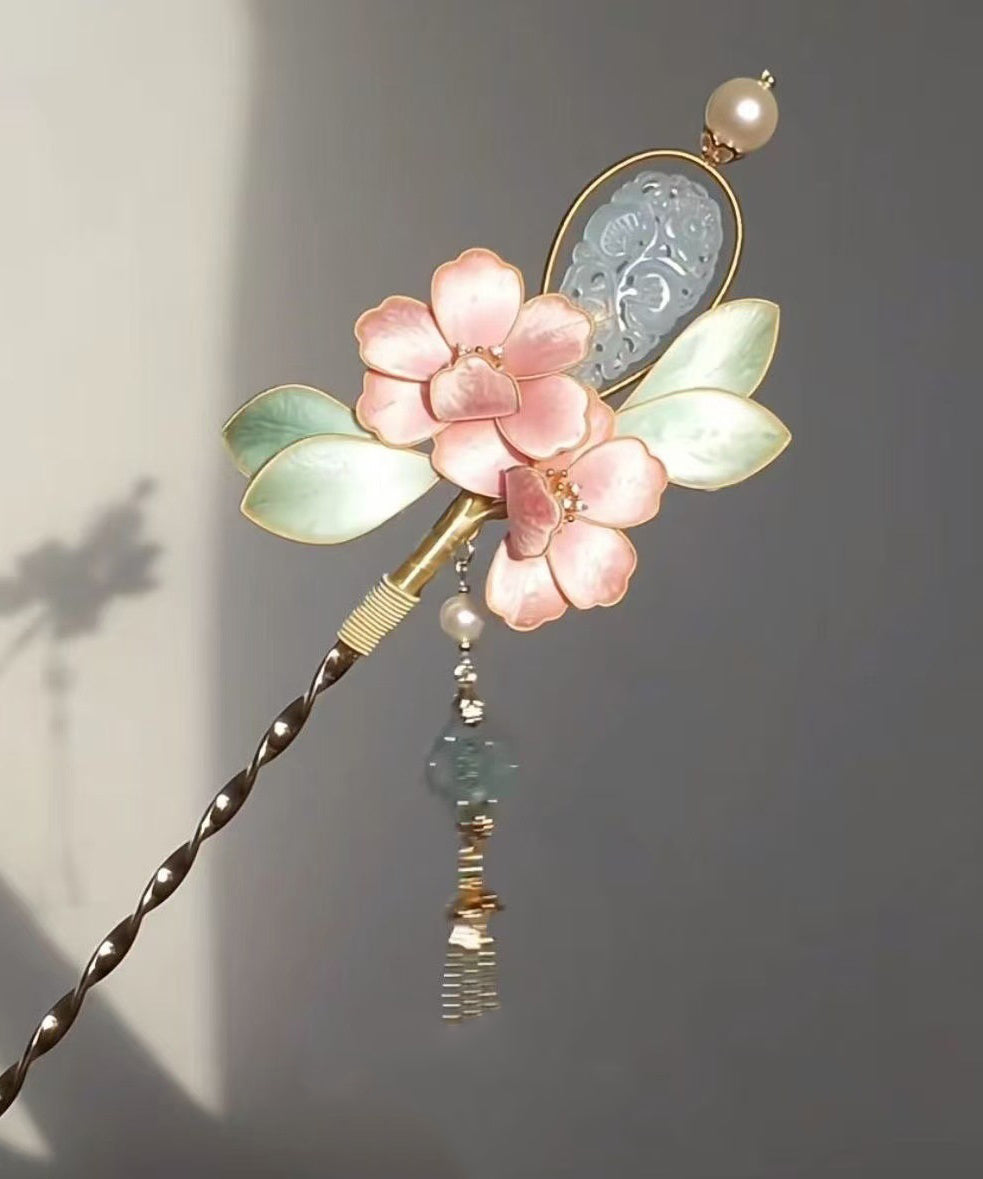 Chinese Style Pink Antique Gold Peony Flower Jade Tassel Hairpin