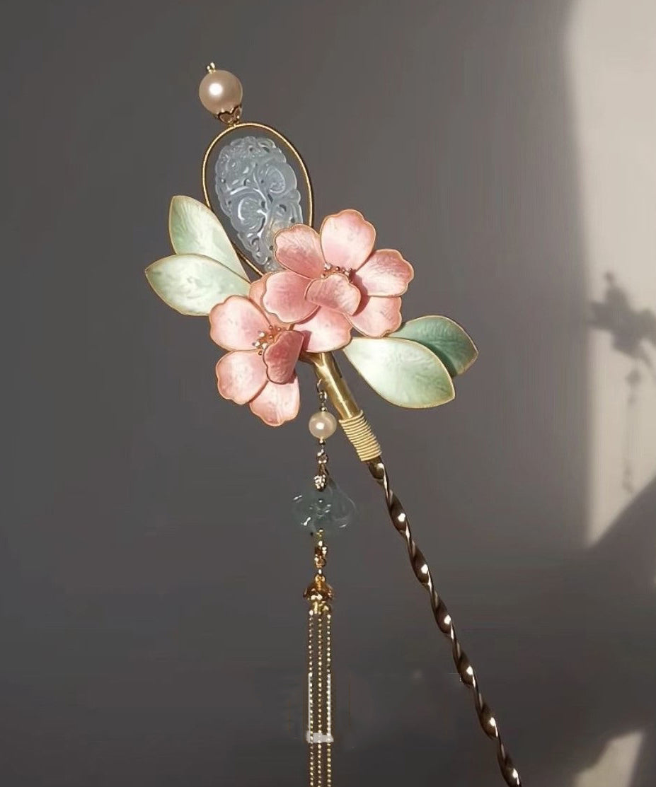 Chinese Style Pink Antique Gold Peony Flower Jade Tassel Hairpin