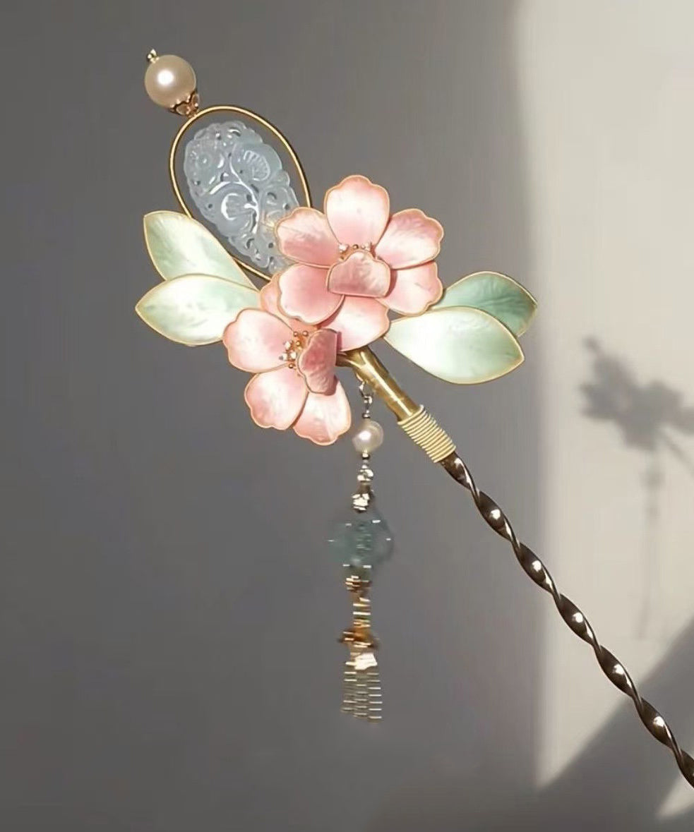 Chinese Style Pink Antique Gold Peony Flower Jade Tassel Hairpin