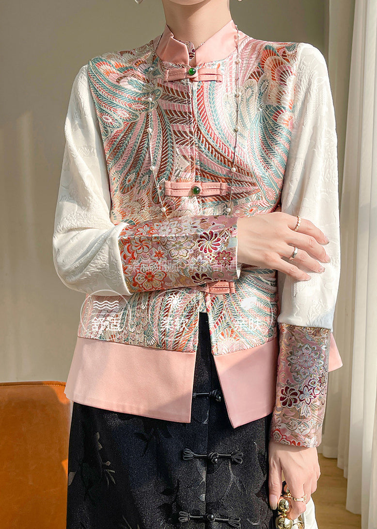 Chinese Style Pink Stand Collar Embroideried Silk Vest Sleeveless