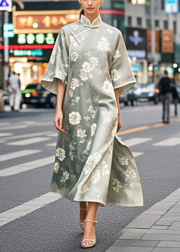 Chinese Style Print Side Open Silk Dress Half Sleeve