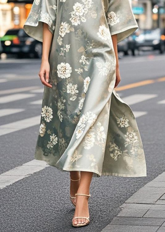 Chinese Style Print Side Open Silk Dress Half Sleeve