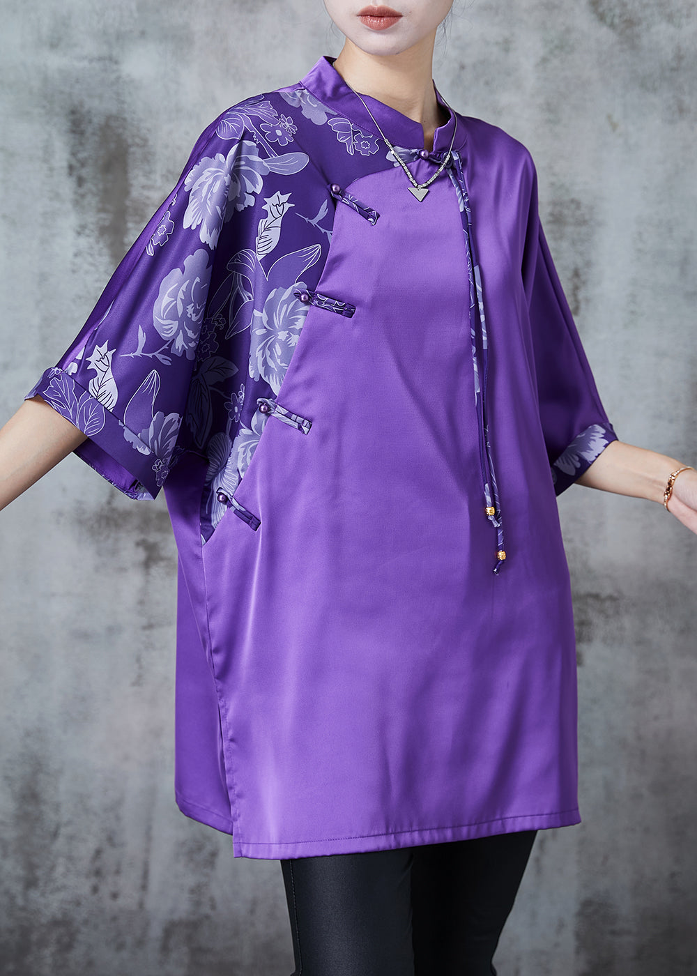 Chinese Style Purple Tasseled Patchwork Silk Shirt Summer