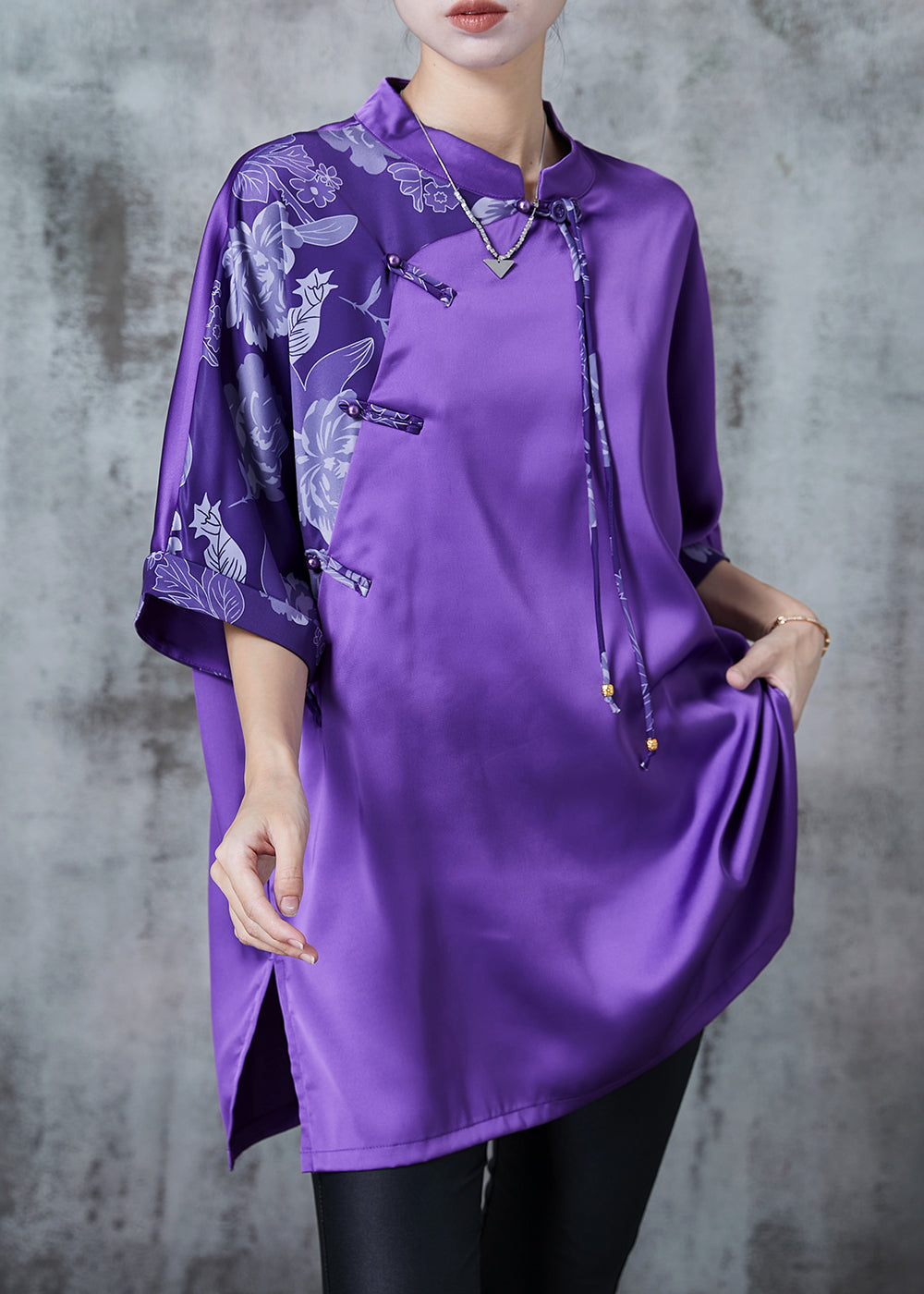 Chinese Style Purple Tasseled Patchwork Silk Shirt Summer