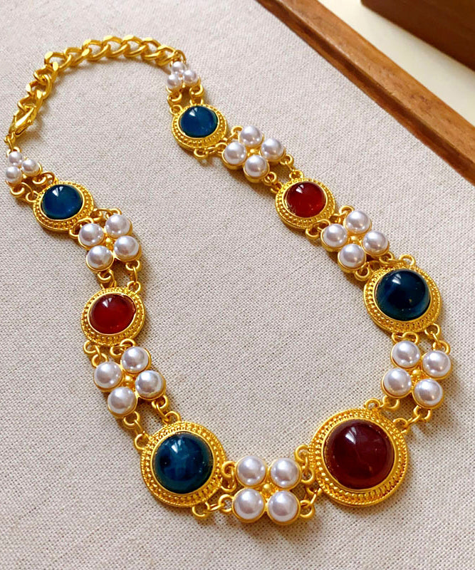 Chinese Style Rainbow Sterling Silver Alloy Pearl Resin Collar Necklace