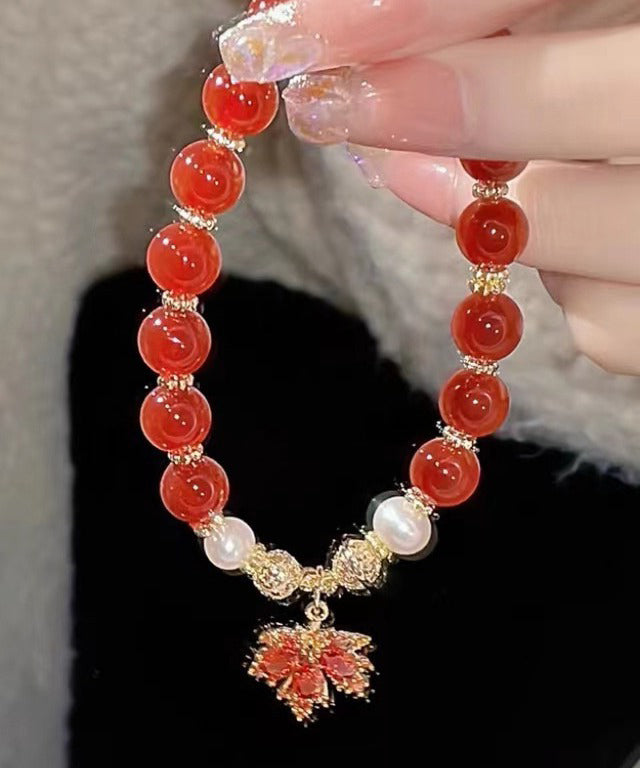 Chinese Style Red Copper Alloy Agate Maple Leaf Pearl Charm Bracelet