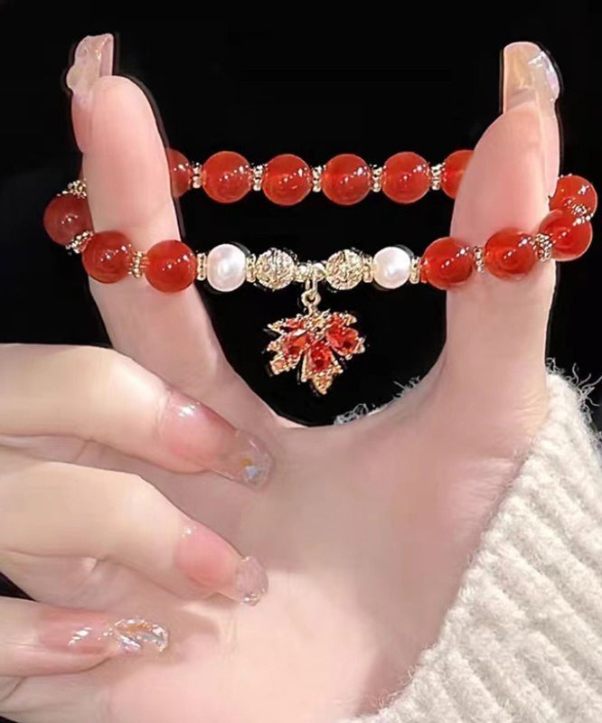 Chinese Style Red Copper Alloy Agate Maple Leaf Pearl Charm Bracelet