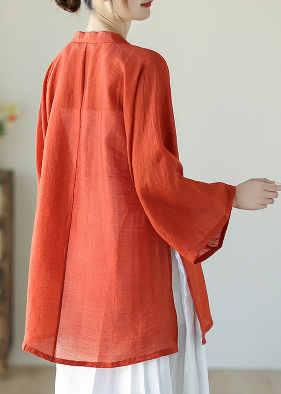 Chinese Style Red Patchwork Square Collar Silk Linen Top Fall