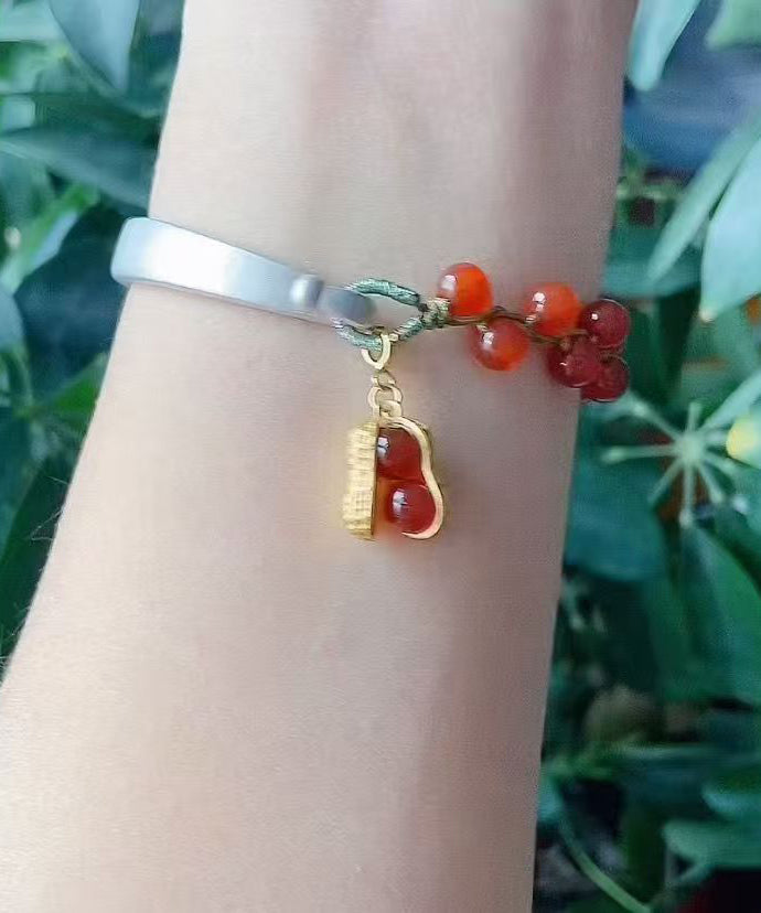 Chinese Style Red Sterling Silver Agate Peanut Charm Bracelet